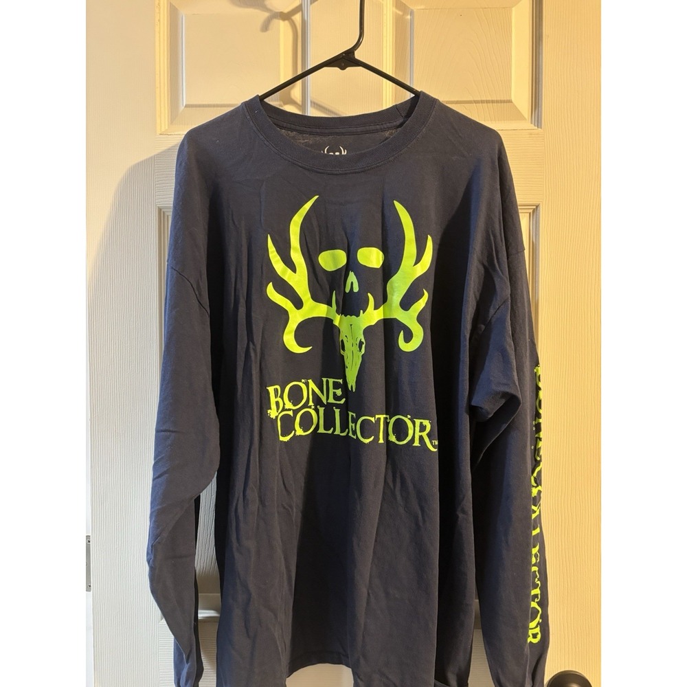 Bone Collector Mens 2XL Long Sleeve Graphic T-Shirt Navy Blue‎ Neon Green Skull